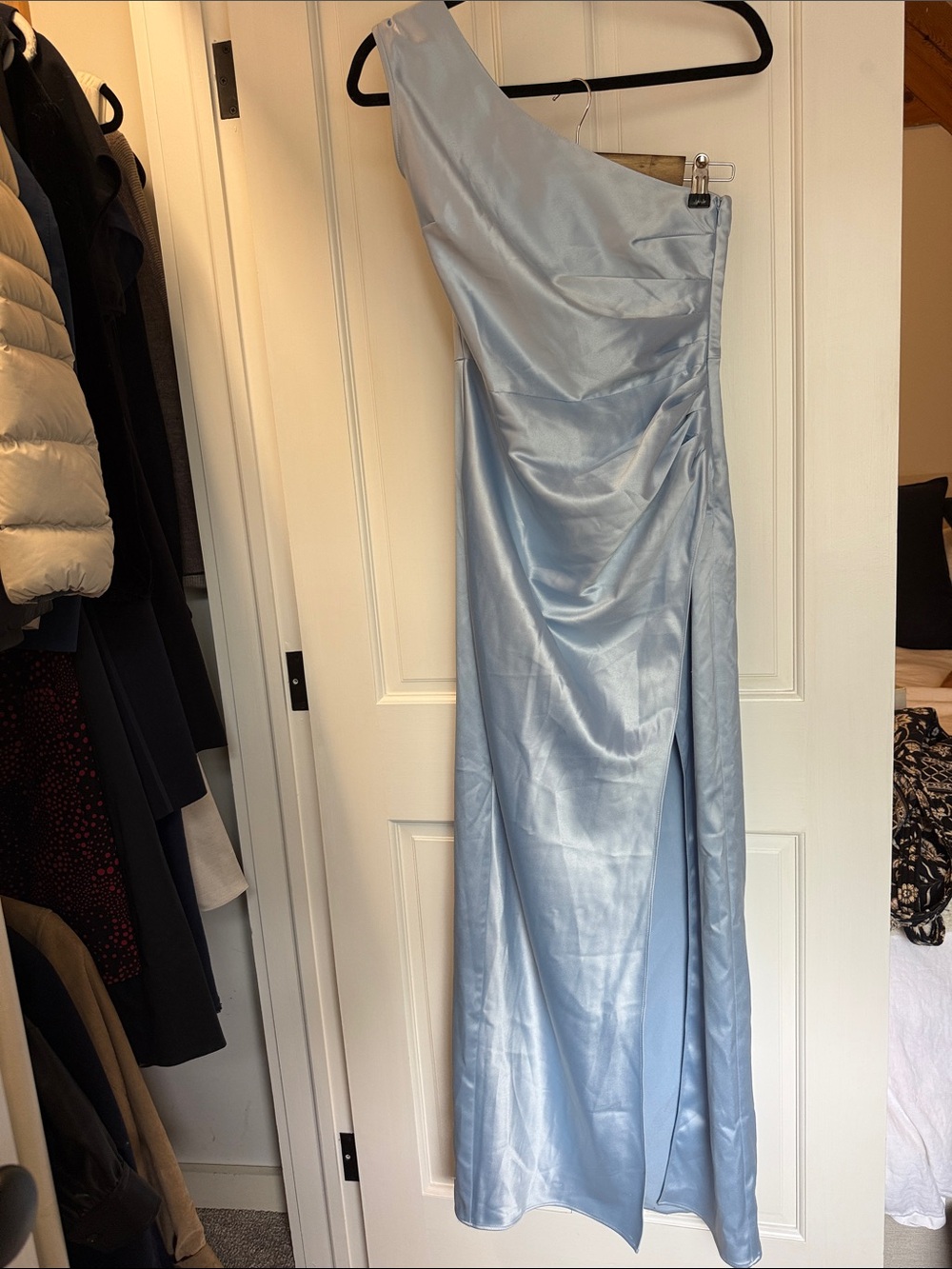 BHLDN Scottie One-Shoulder Side-Slit Stretch Satin Maxi Dress